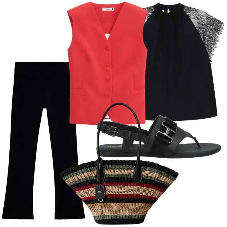 Outfit donna - Linea grintosa. Stile Glamour per Tutti i giorni. Abbinamento con infradito, top, gilet, leggings, borse tote.