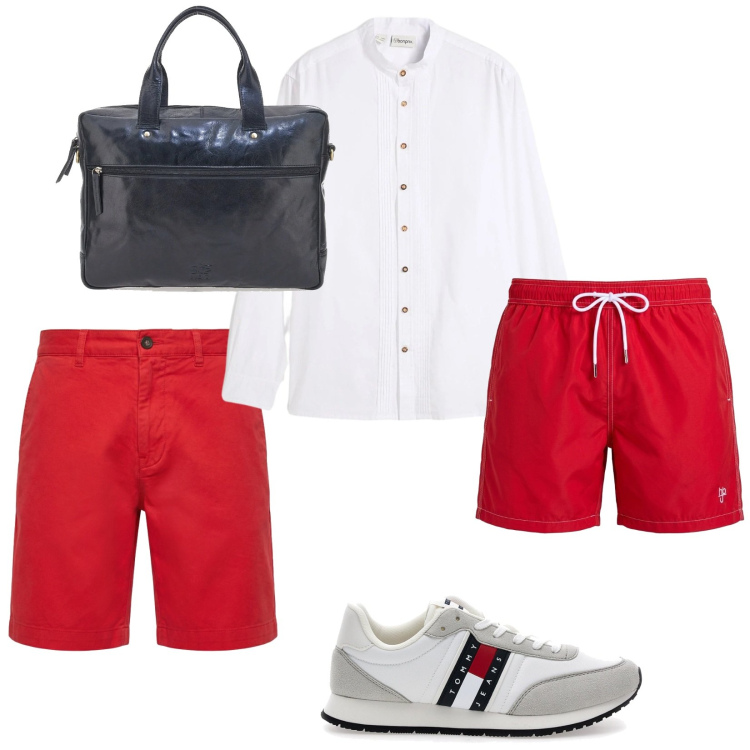 Outfit uomo - Weekend. Stile Trendy per Mare. Abbinamento con camicie, pantaloni corti, costumi, borse sportive, sneakers.