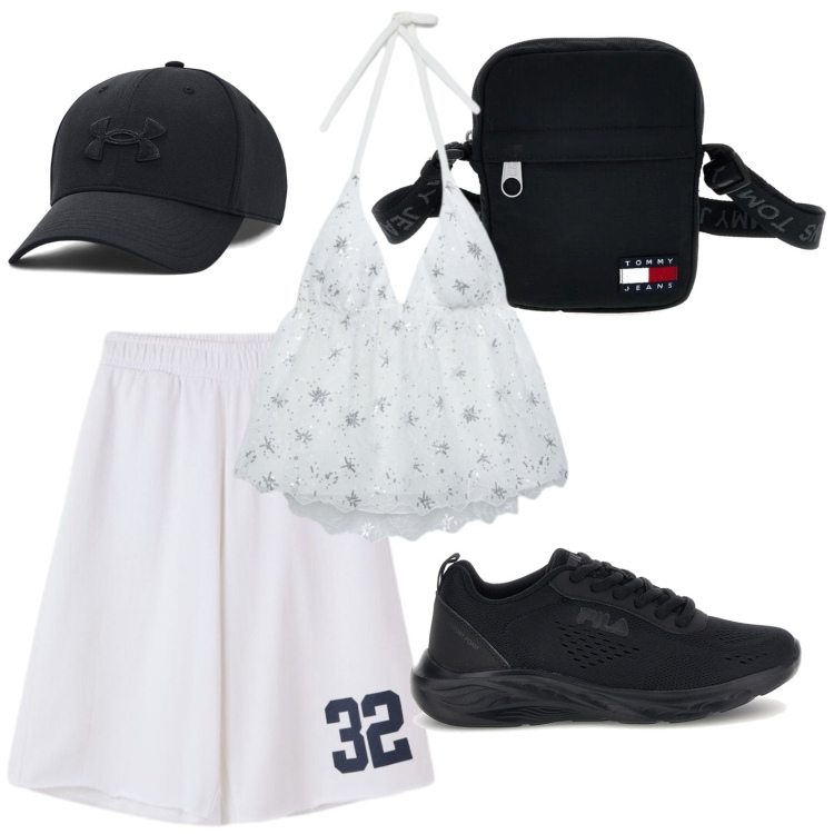 Outfit donna - Top in pizzo. Stile Basic per Tutti i giorni. Abbinamento con top, bermuda, borse a spalla, sneakers, cappelli con visiera.