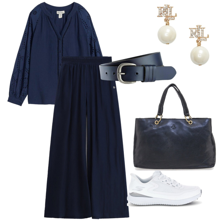 Outfit donna - In blù. per Ufficio. Abbinamento con tuniche, cinture, pantaloni, orecchini, sneakers, borse a mano.