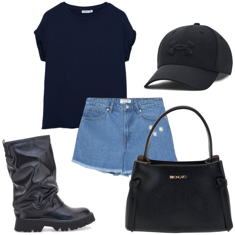 Outfit donna - Look contemporaneo. Stile Glamour per Tutti i giorni. Abbinamento con t-shirt, shorts, stivali, borse a tracolla, cappelli con visiera.