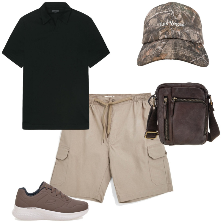 Outfit uomo - Summer. per Tutti i giorni. Abbinamento con cappelli con visiera, polo, sneakers, bermuda, borse sportive.