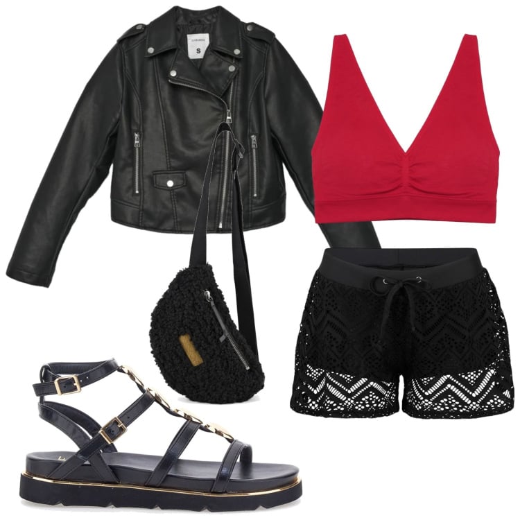 Outfit donna - Glamour ricercato. Stile Glamour per Serata fuori. Abbinamento con pantaloni corti, giacche, canottiere, sandali gioiello, marsupi.