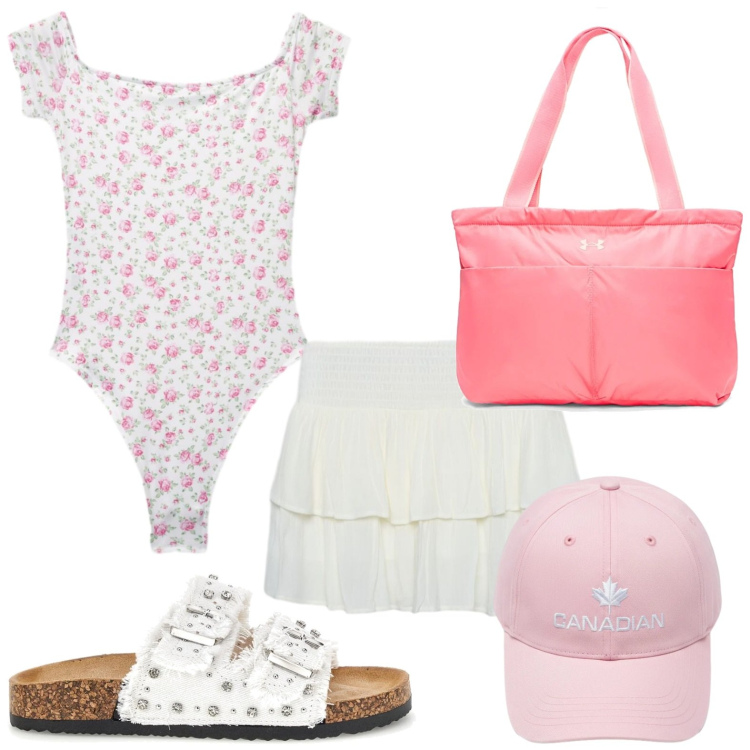 Outfit donna - Body floreale. Stile Glamour per Tutti i giorni. Abbinamento con t-shirt, minigonne, berretti, ciabatte, borse tote.