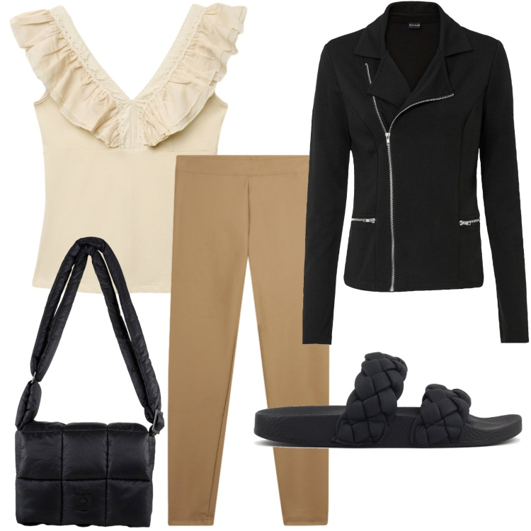 Outfit donna - Look da città. Stile Casual per Tutti i giorni. Abbinamento con blazer, canottiere, leggings, borse a spalla, ciabatte.