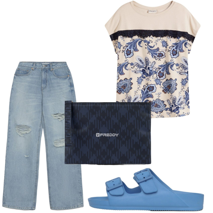 Outfit donna - Street style. Stile Casual per Tutti i giorni. Abbinamento con t-shirt, jeans strappati, ciabatte, clutch.