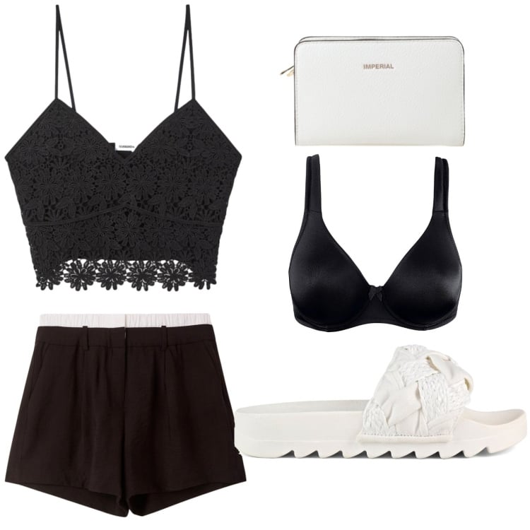 Outfit donna - Estate glam. Stile Trendy per Mare. Abbinamento con reggiseni, shorts, top, borse a tracolla, ciabatte.