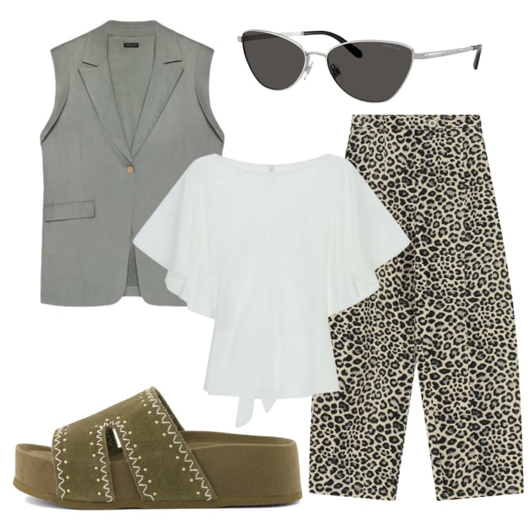 Outfit donna - Total look #2413102. Stile Trendy per Tutti i giorni. Abbinamento con pantaloni, t-shirt, gilet, occhiali da sole, ciabatte.