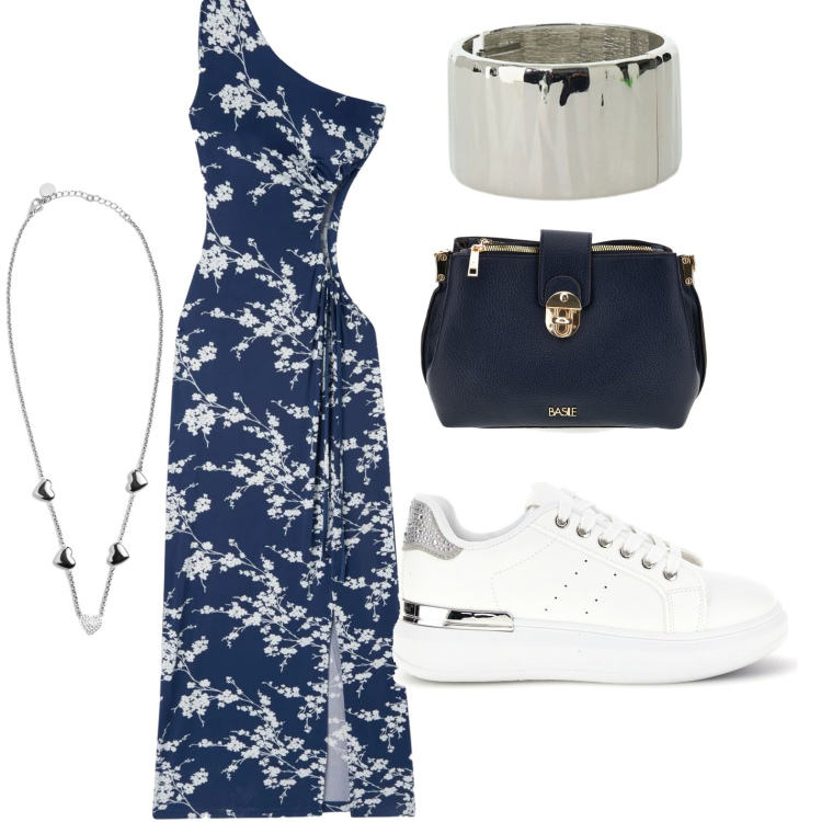 Outfit donna - Vestito monospalla floreale con cut-out. Stile Minimal per Serata fuori. Abbinamento con vestiti asimmetrici, braccialetti, collane, sneakers, borse a tracolla.