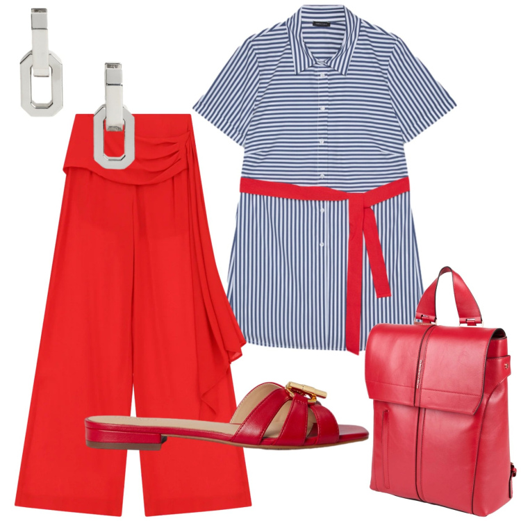 Outfit donna - Total look #2413112. Stile Casual chic per Ufficio. Abbinamento con zaini, pantaloni a palazzo, camicie a manica corta, orecchini, ciabatte.