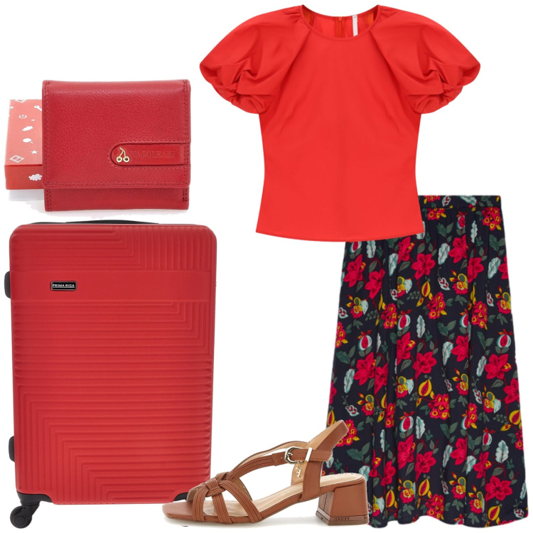 Outfit donna - In viaggio con stile. Stile Chic per Tutti i giorni. Abbinamento con bluse, gonne longuette, sandali in pelle, portafogli, valigie.