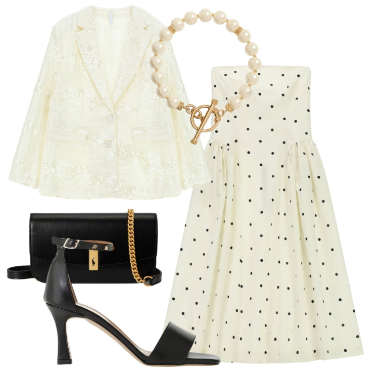 Outfit donna - Total look #2413115. Stile Vintage retrò per Cerimonia. Abbinamento con vestiti midi/longuette, blazer, sandali col tacco, clutch, collane.