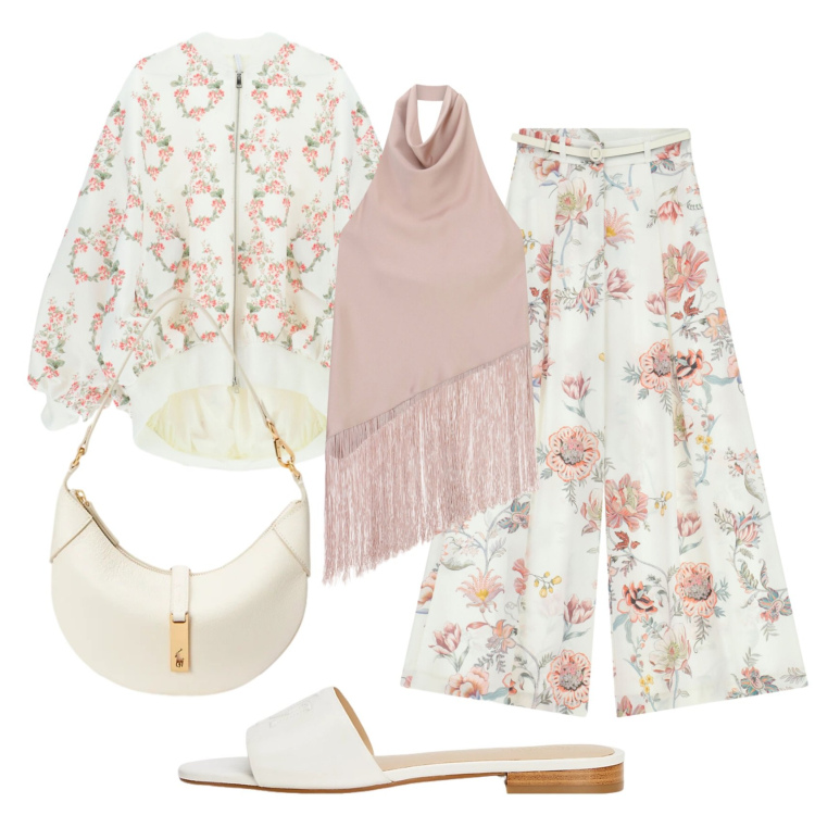 Outfit donna - Total look #2413116. Stile Romantica per Tutti i giorni. Abbinamento con top, pantaloni a palazzo, bomber, ciabatte, borse a spalla.