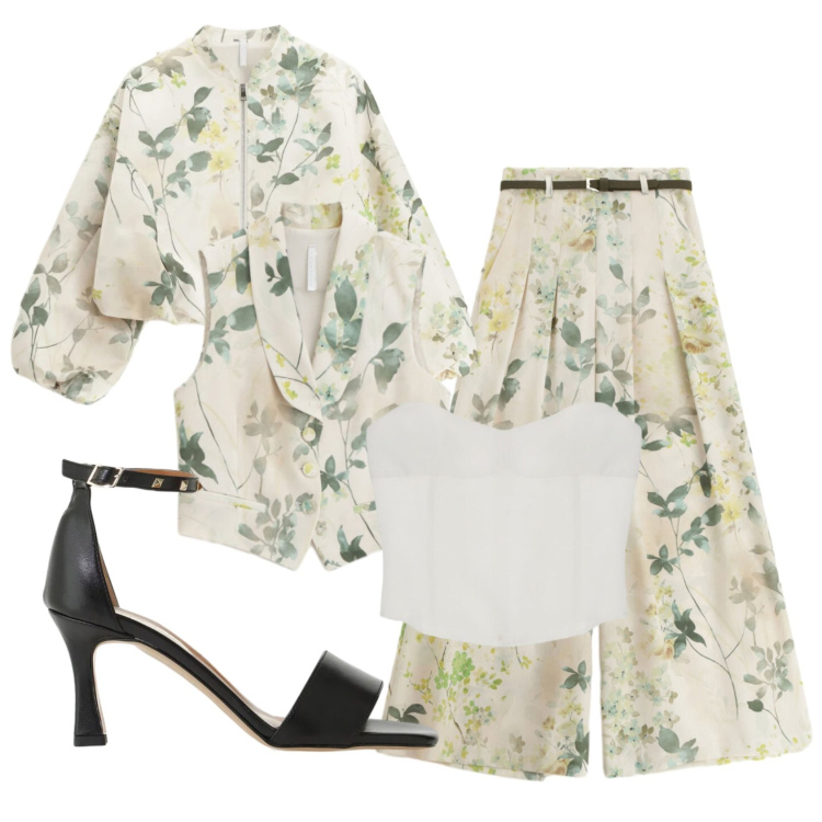 Outfit donna - Total look #2413117. Stile Romantica per Cerimonia. Abbinamento con top, gilet, bomber, pantaloni a palazzo, sandali col tacco.