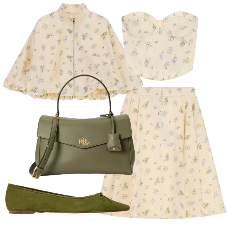 Outfit donna - Total look #2413118. Stile Romantica per Cerimonia. Abbinamento con top, bomber, gonne longuette, ballerine, borse a mano.