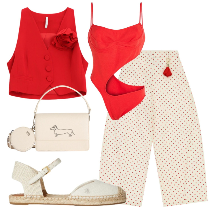 Outfit donna - Total look #2413119. Stile Trendy per Cerimonia. Abbinamento con body, pantaloni, gilet, borse a tracolla, espadrillas.