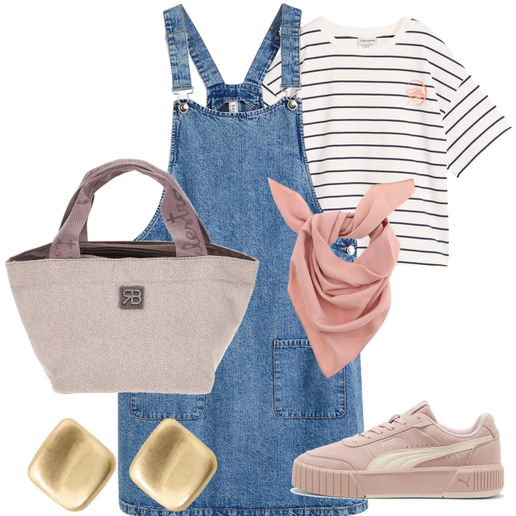 Outfit donna - Total look #2413124. Stile Casual per Tutti i giorni. Abbinamento con salopette, t-shirt, orecchini, foulard, sneakers, borse a mano.