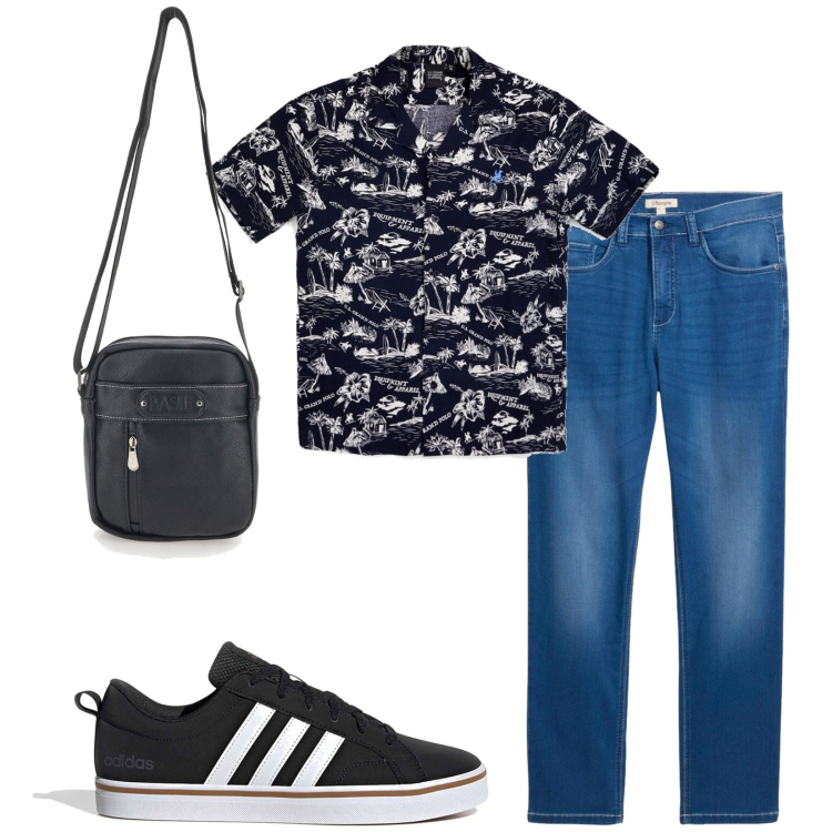 Outfit uomo - Total look #2413128. Stile Urban per Tutti i giorni. Abbinamento con jeans dritti, portafogli, camicie a manica corta, sneakers.
