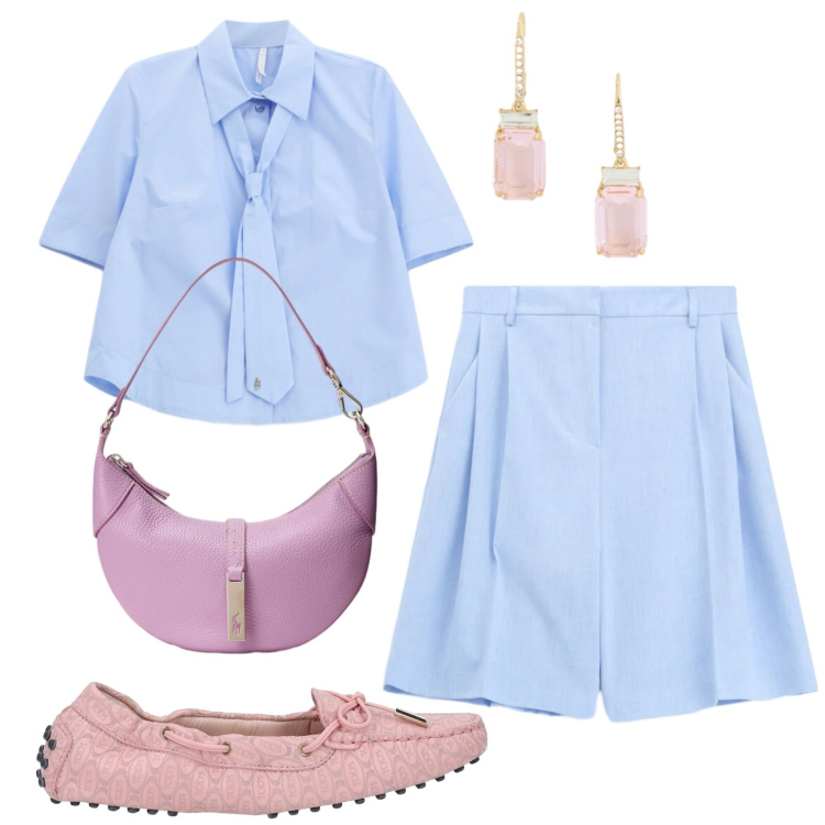 Outfit donna - Total look #2413129. Stile Mannish per Ufficio. Abbinamento con mocassini, bermuda, camicie a manica corta, borse a spalla, orecchini.