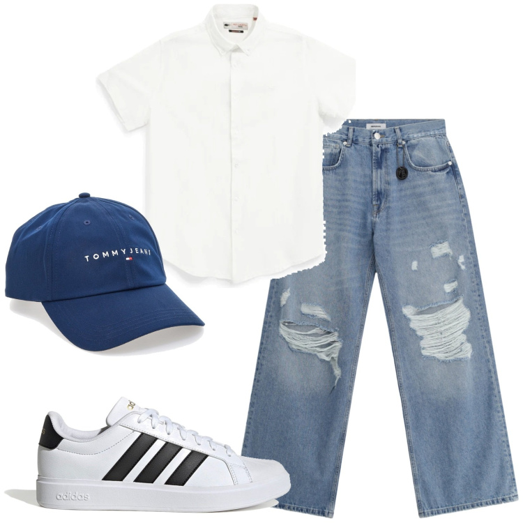 Outfit uomo - Total look #2413130. Stile Trendy per Tutti i giorni. Abbinamento con jeans strappati, cappelli con visiera, sneakers, camicie a manica corta.