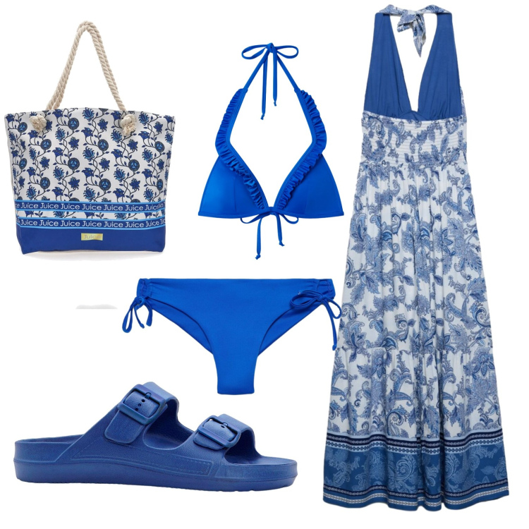 Outfit donna - Total look #2413143. Stile Etnico per Mare. Abbinamento con ciabatte, vestiti lunghi, bikini, bikini, shopping bag.