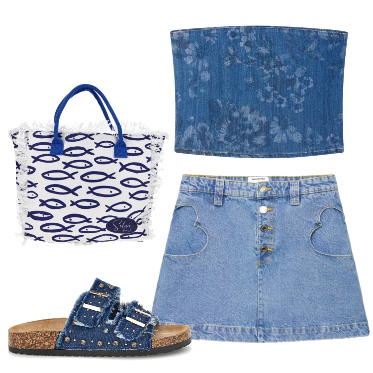 Outfit donna - Total look #2413148. Stile Romantica per Mare. Abbinamento con top, minigonne, shopping bag, ciabatte.