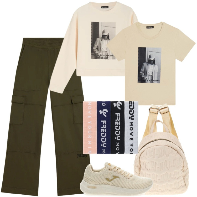Outfit donna - Summer Energy. Stile Sporty chic per Tutti i giorni. Abbinamento con pantaloni cargo, t-shirt, braccialetti, felpe, sneakers, zaini.