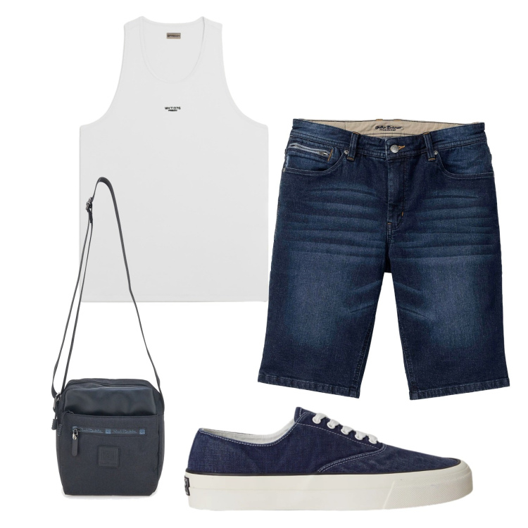 Outfit uomo - Total look #2413161. Stile Trendy per Tutti i giorni. Abbinamento con bermuda, canottiere, sneakers, portafogli.