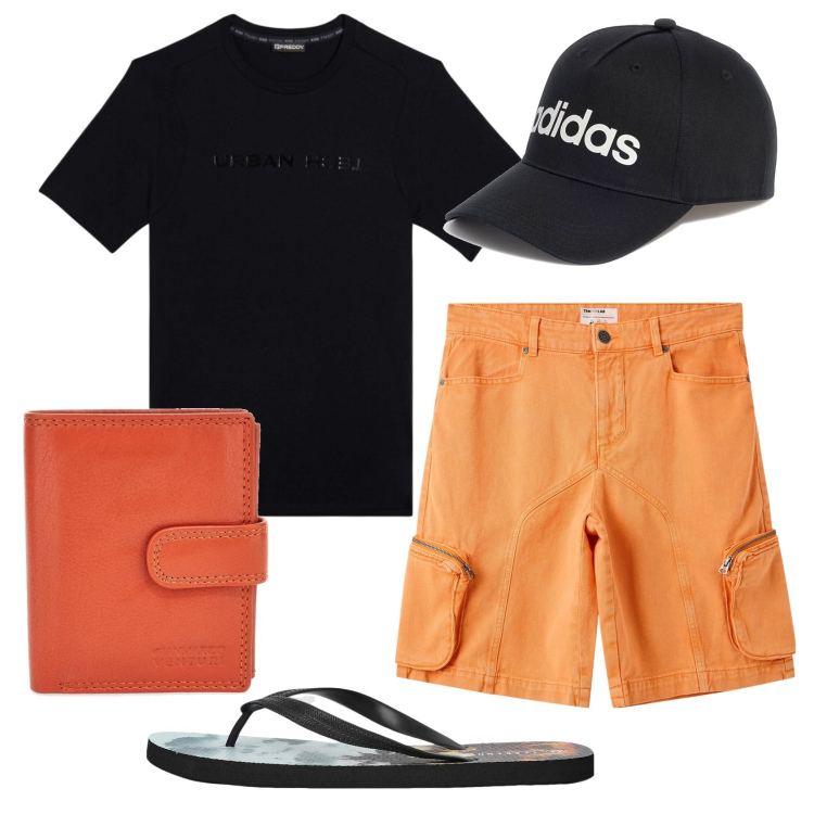 Outfit uomo - Total look #2413174. Stile Trendy per Tutti i giorni. Abbinamento con pantaloni corti, sandali, t-shirt, portafogli, cappelli.