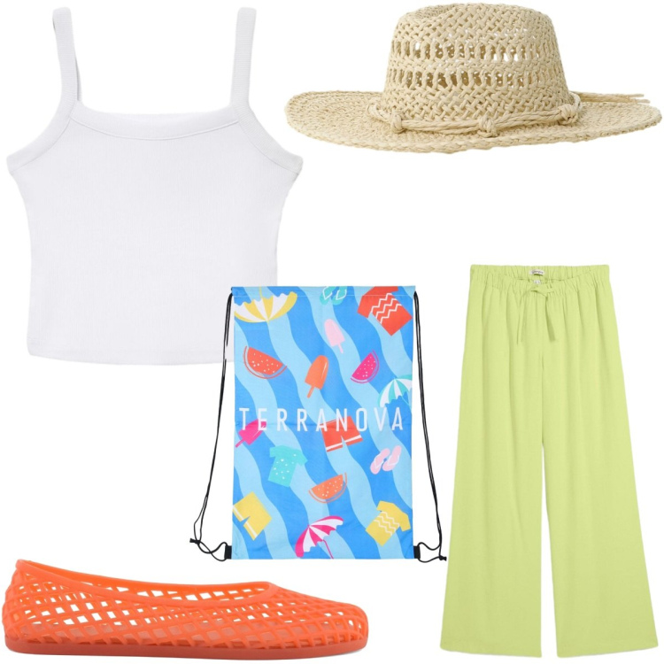 Outfit donna - Voglia di sole. Stile Casual per Mare. Abbinamento con pantaloni, canottiere, zaini, cappelli, ballerine.