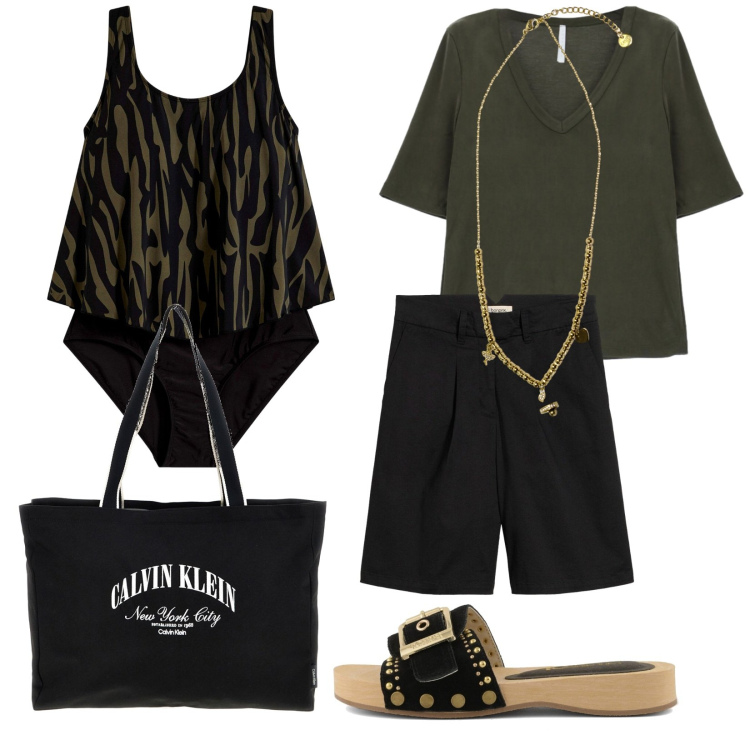 Outfit donna - Total look #2413184. Stile Casual chic per Mare. Abbinamento con bermuda, costumi interi, t-shirt, ciondoli, ciabatte, borse a spalla.