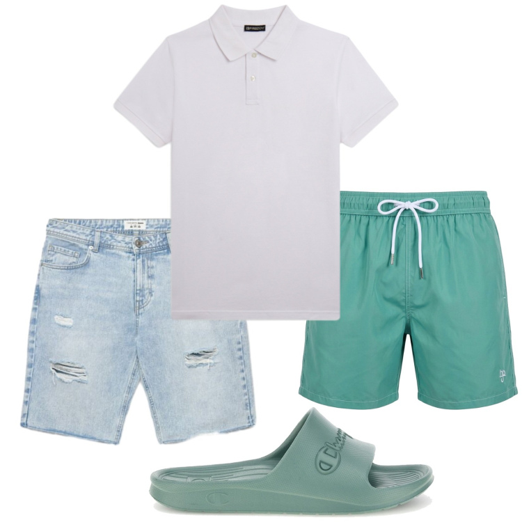 Outfit uomo - Pratico al mate. Stile Casual per Mare. Abbinamento con shorts, costumi, polo, sandali.