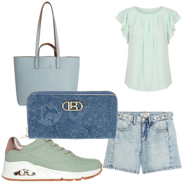 Outfit donna - Blu e verde menta. Stile Casual per Tutti i giorni. Abbinamento con shorts, canottiere, shopping bag, sneakers, portafogli.