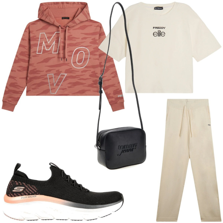 Outfit donna - Relax. Stile Sporty chic per Tutti i giorni. Abbinamento con t-shirt, pantaloni, felpe sportive, sneakers, borse a tracolla.