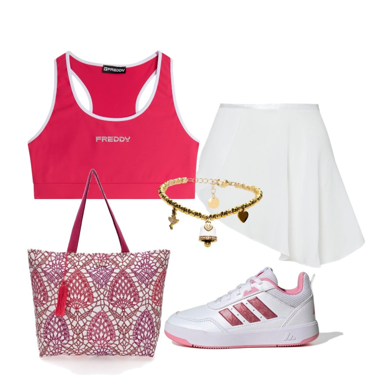 Outfit donna - Sporty…chic. Stile Sporty chic per Tutti i giorni. Abbinamento con minigonne, reggiseni, braccialetti, sneakers, shopping bag.