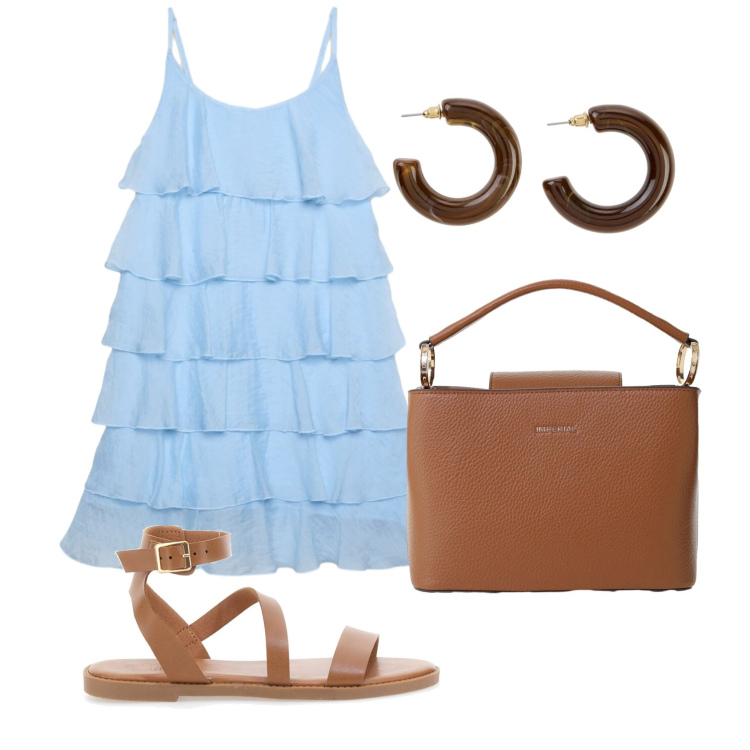 Outfit donna - Serate al mare. Stile Casual chic per Serata fuori. Abbinamento con orecchini, vestiti corti, borse a secchiello, sandali in pelle.
