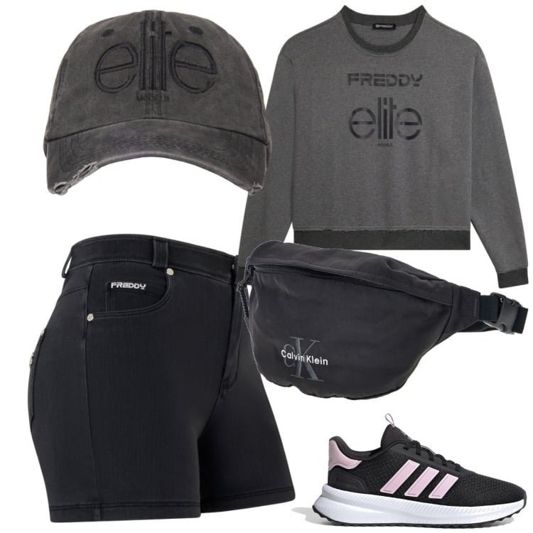 Outfit donna - Black. Stile Sporty chic per Tutti i giorni. Abbinamento con shorts, cappelli, felpe, sneakers, marsupi.