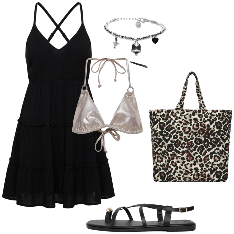 Outfit donna - Terranova estate. Stile Sporty chic per Mare. Abbinamento con vestiti corti, bikini, shopping bag, sandali, braccialetti.