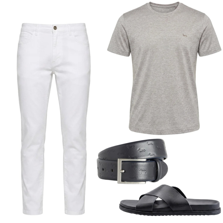 Outfit uomo - Total look #2413203. Stile Casual per Tutti i giorni. Abbinamento con cinture, t-shirt, jeans, sandali.