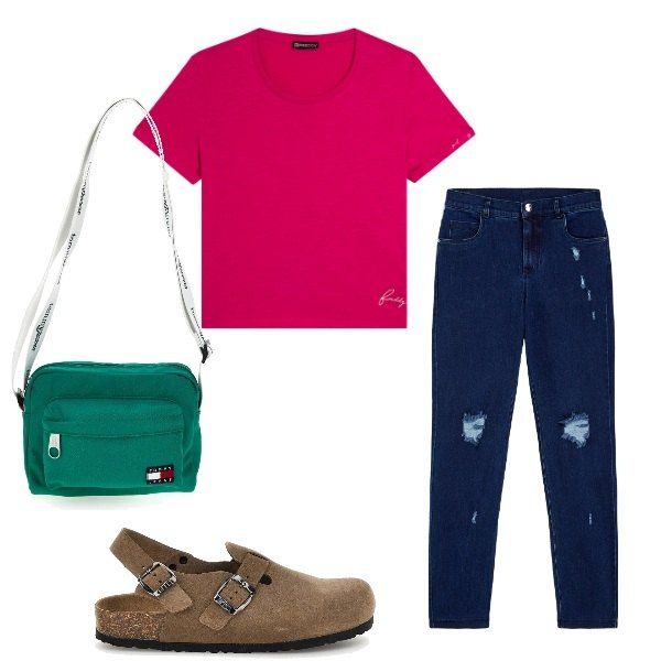Outfit donna - Giornata in libertà. Stile Sporty chic per Tutti i giorni. Abbinamento con jeans skinny, t-shirt, borse a tracolla, sabot.