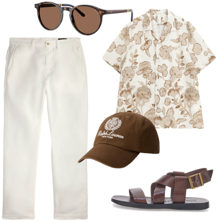 Outfit uomo - Bianco e marrone. Stile Casual per Tutti i giorni. Abbinamento con camicie a manica corta, occhiali da sole, cappelli, pantaloni, sandali.