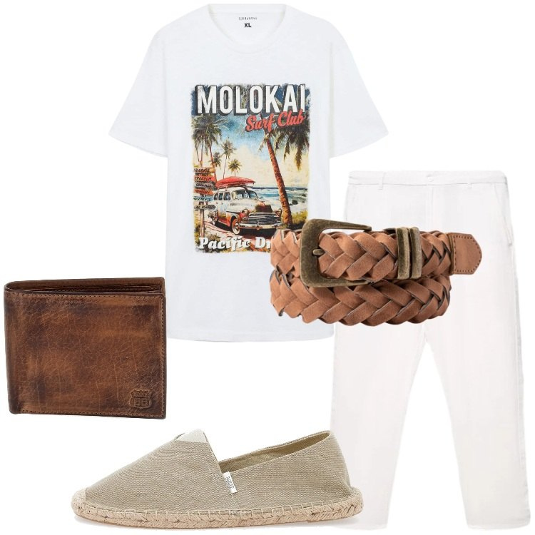 Outfit uomo - Giugno. Stile Trendy per Serata speciale. Abbinamento con pantaloni, t-shirt, cinture, espadrillas, portafogli.
