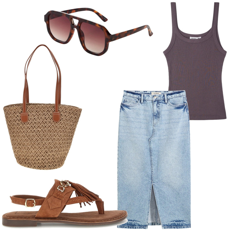 Outfit donna - Eleganza Estiva. Stile Boho per Tutti i giorni. Abbinamento con gonne longuette, occhiali da sole, canottiere, sandali, borse a spalla.