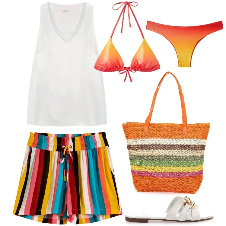 Outfit donna - Mare mare mare.... Stile Sporty chic per Mare. Abbinamento con pantaloni corti, bikini, bikini, top, ciabatte, shopping bag.