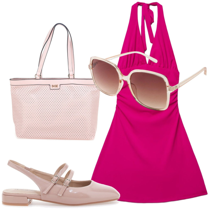 Outfit donna - Passeggiata sul lago. Stile Glamour per Serata fuori. Abbinamento con occhiali da sole, vestiti corti, ballerine, borse a spalla.