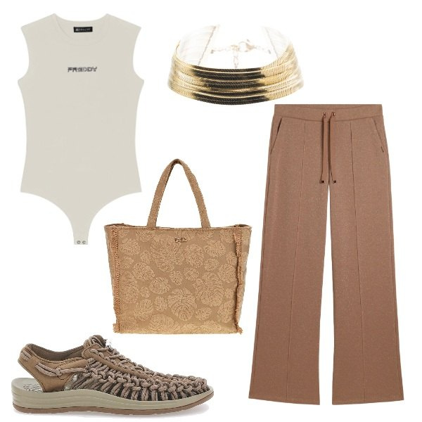 Outfit donna - All day. Stile Sporty chic per Tutti i giorni. Abbinamento con pantaloni, top, braccialetti, sandali, shopping bag.