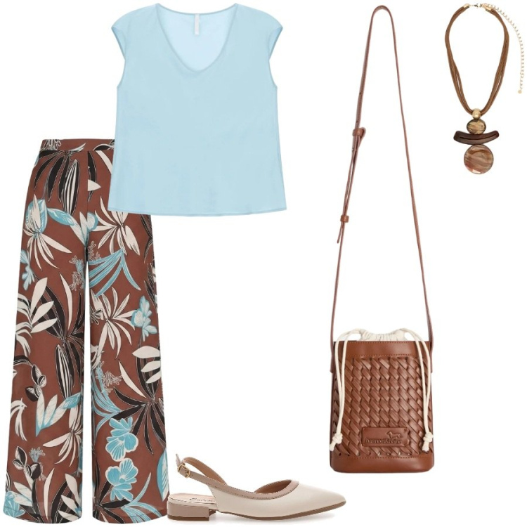 Outfit donna - Outfit versatile. Stile Casual chic per Ufficio. Abbinamento con pantaloni a palazzo, top, borse a secchiello, ciondoli, ballerine.