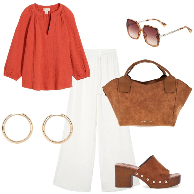 Outfit donna - Anni 70. per Tutti i giorni. Abbinamento con bluse, occhiali da sole, orecchini, pantaloni, borse a mano, zoccoli.