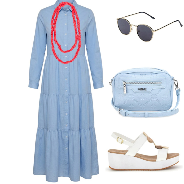 Outfit donna - Giugno. per Serata fuori. Abbinamento con occhiali da sole, vestiti chemisier, collane, zeppe, borse a tracolla.