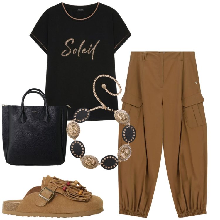 Outfit donna - Total look #2413235. Stile Casual per Tutti i giorni. Abbinamento con cinture, sabot, borse a tracolla, pantaloni cargo, t-shirt.